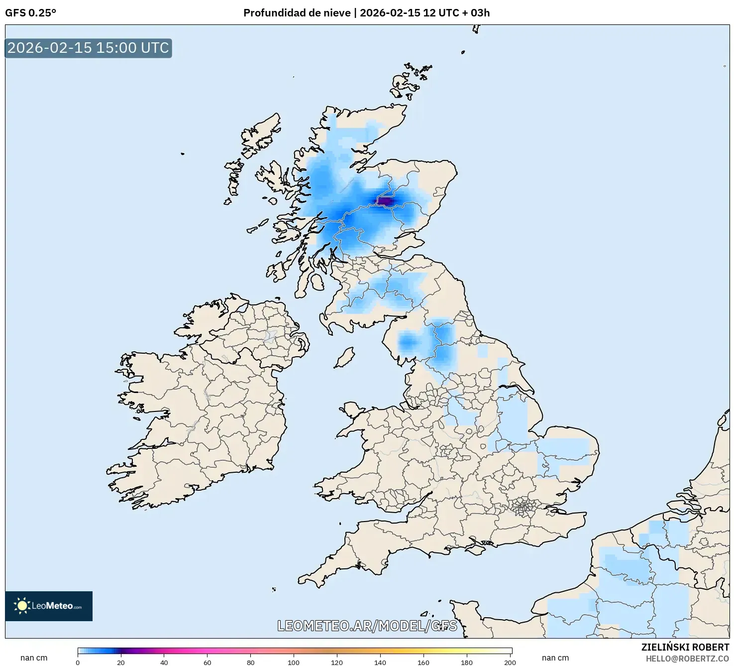 GFS model - Reino Unido, Profundidad de nieve