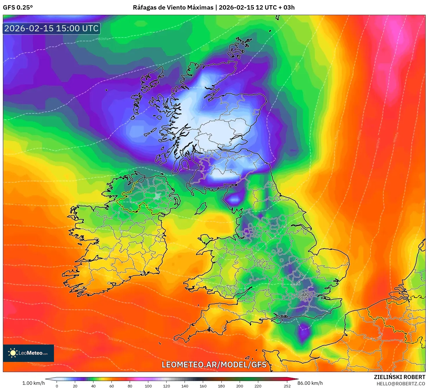 GFS model - Reino Unido, Ráfagas de Viento Máximas