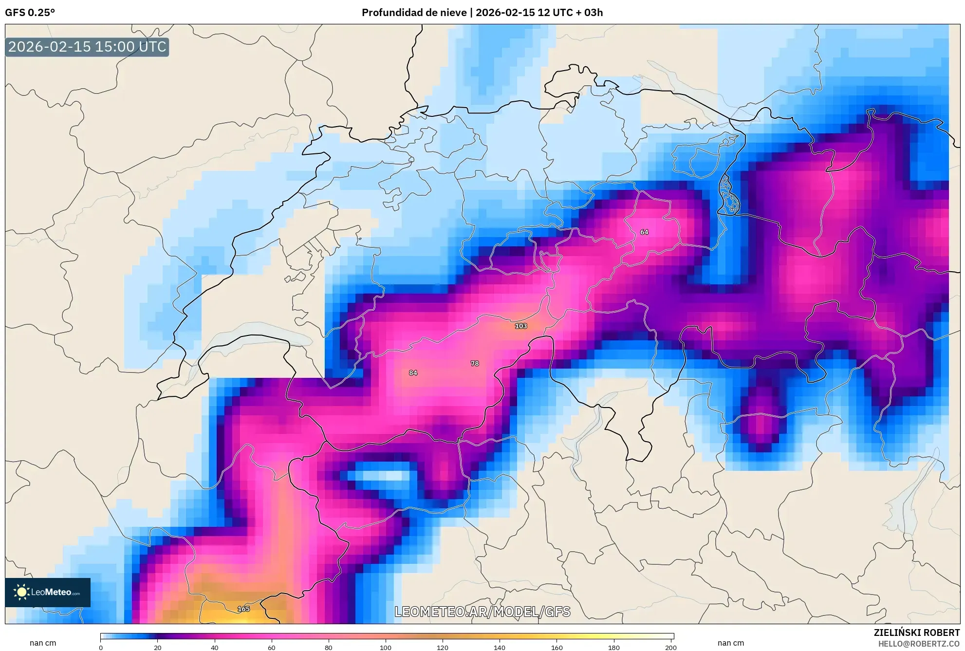 GFS model - Suiza, Profundidad de nieve
