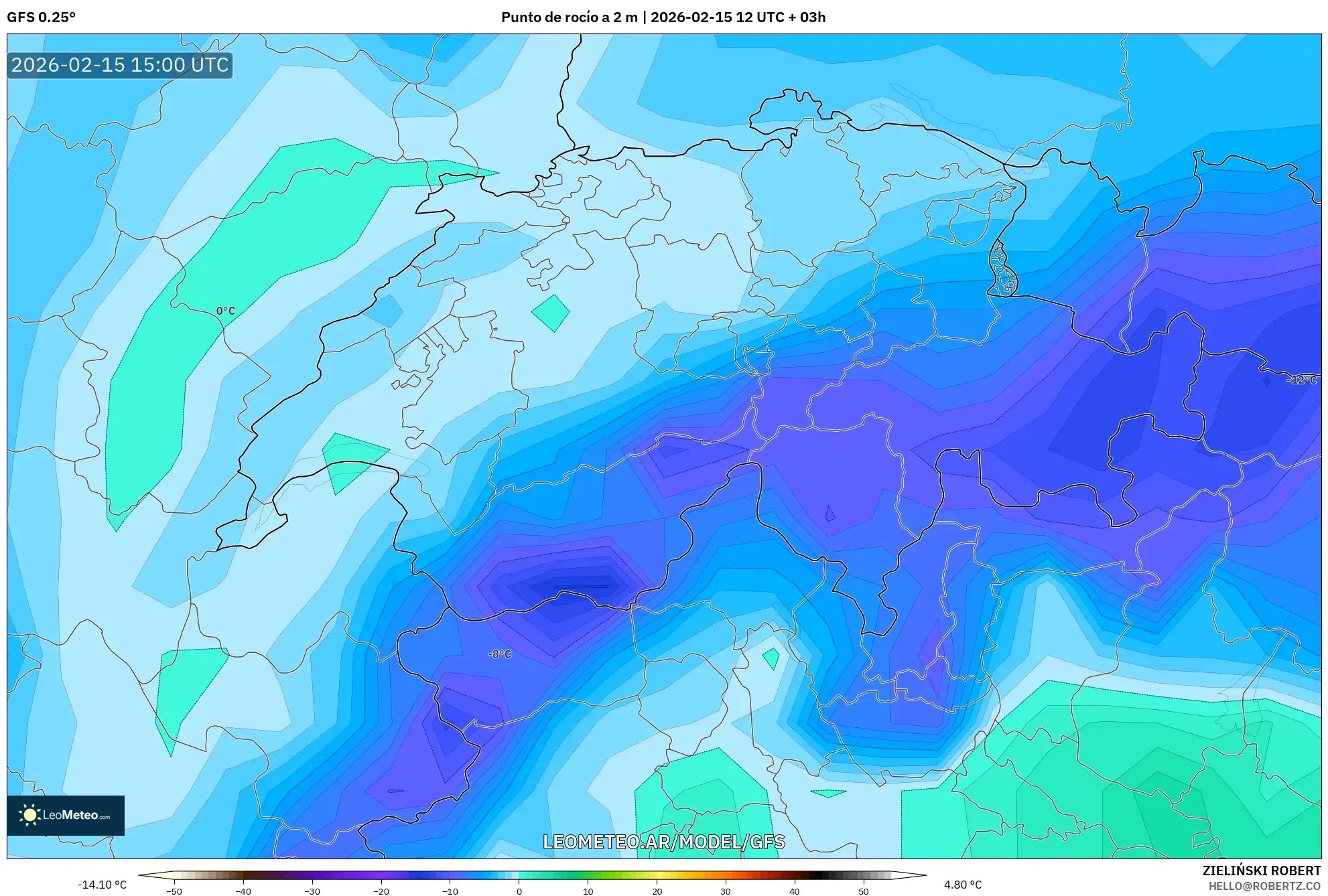 GFS model - Suiza, Punto de rocío a 2 m