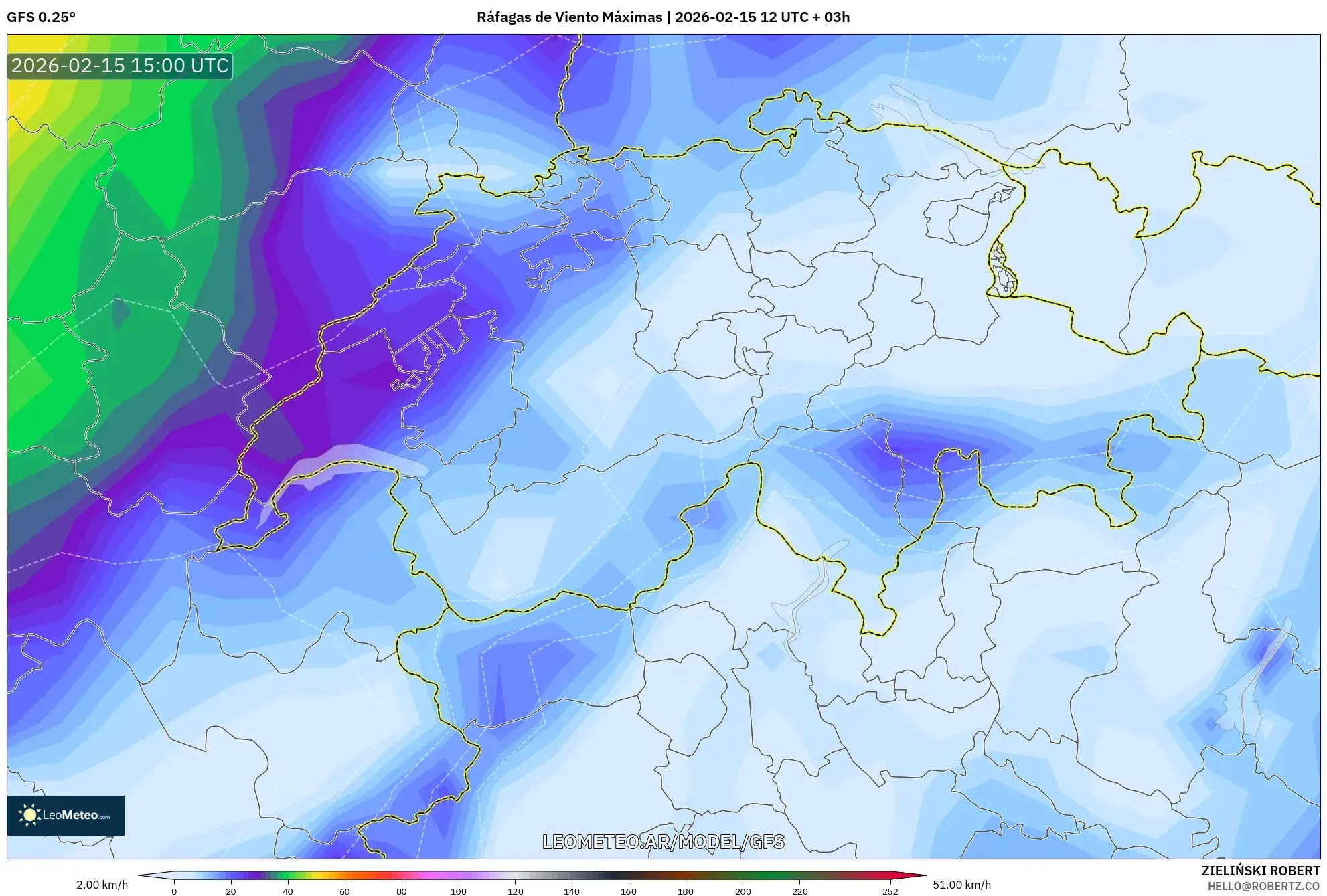 GFS model - Suiza, Ráfagas de Viento Máximas