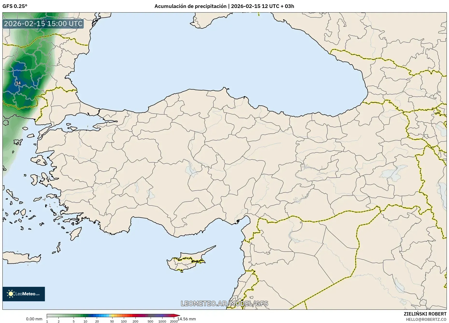 GFS model - Turquía, Acumulación de precipitación