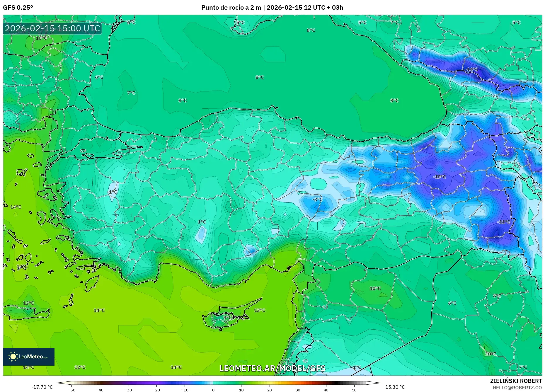 GFS model - Turquía, Punto de rocío a 2 m