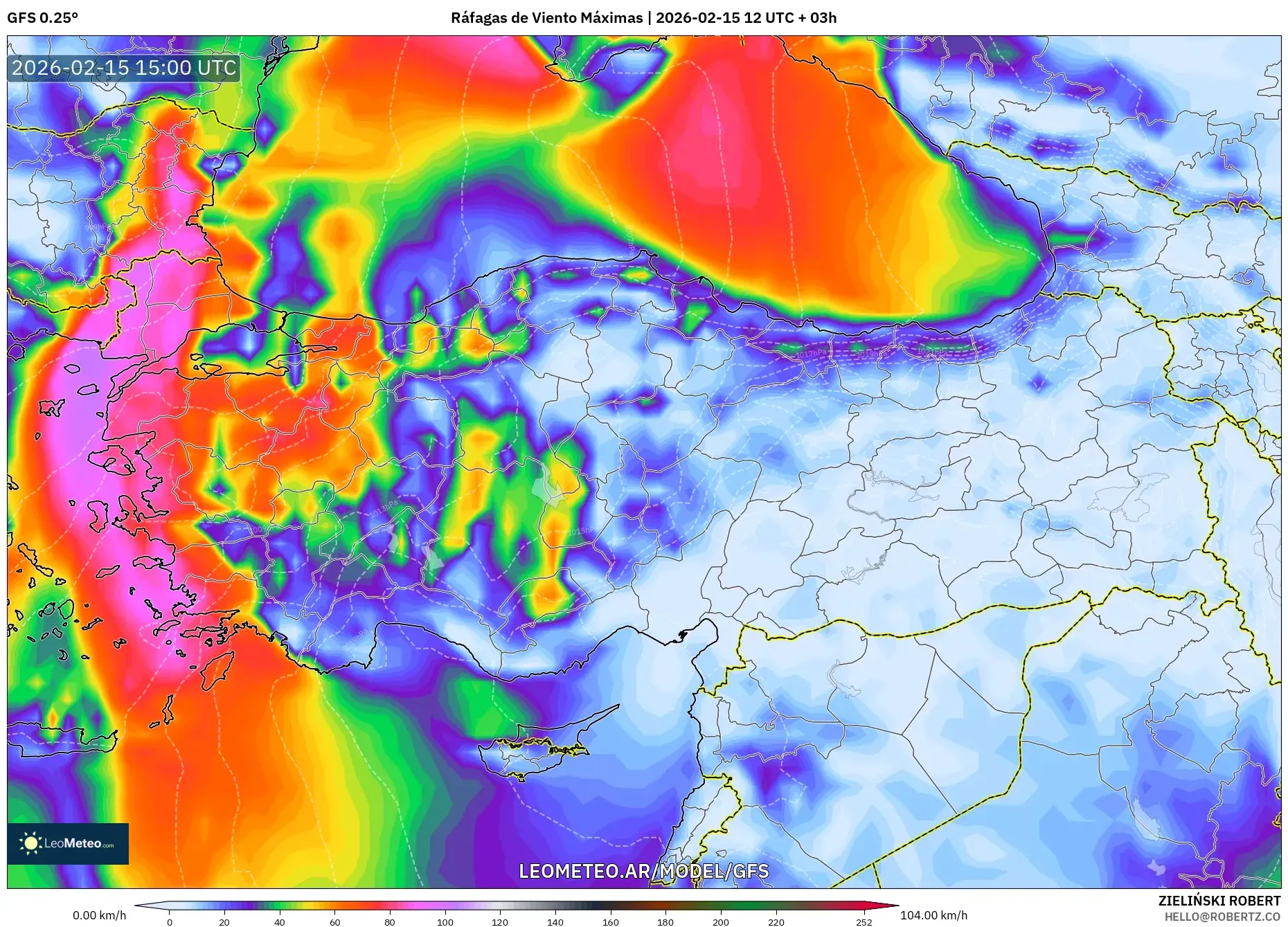 GFS model - Turquía, Ráfagas de Viento Máximas