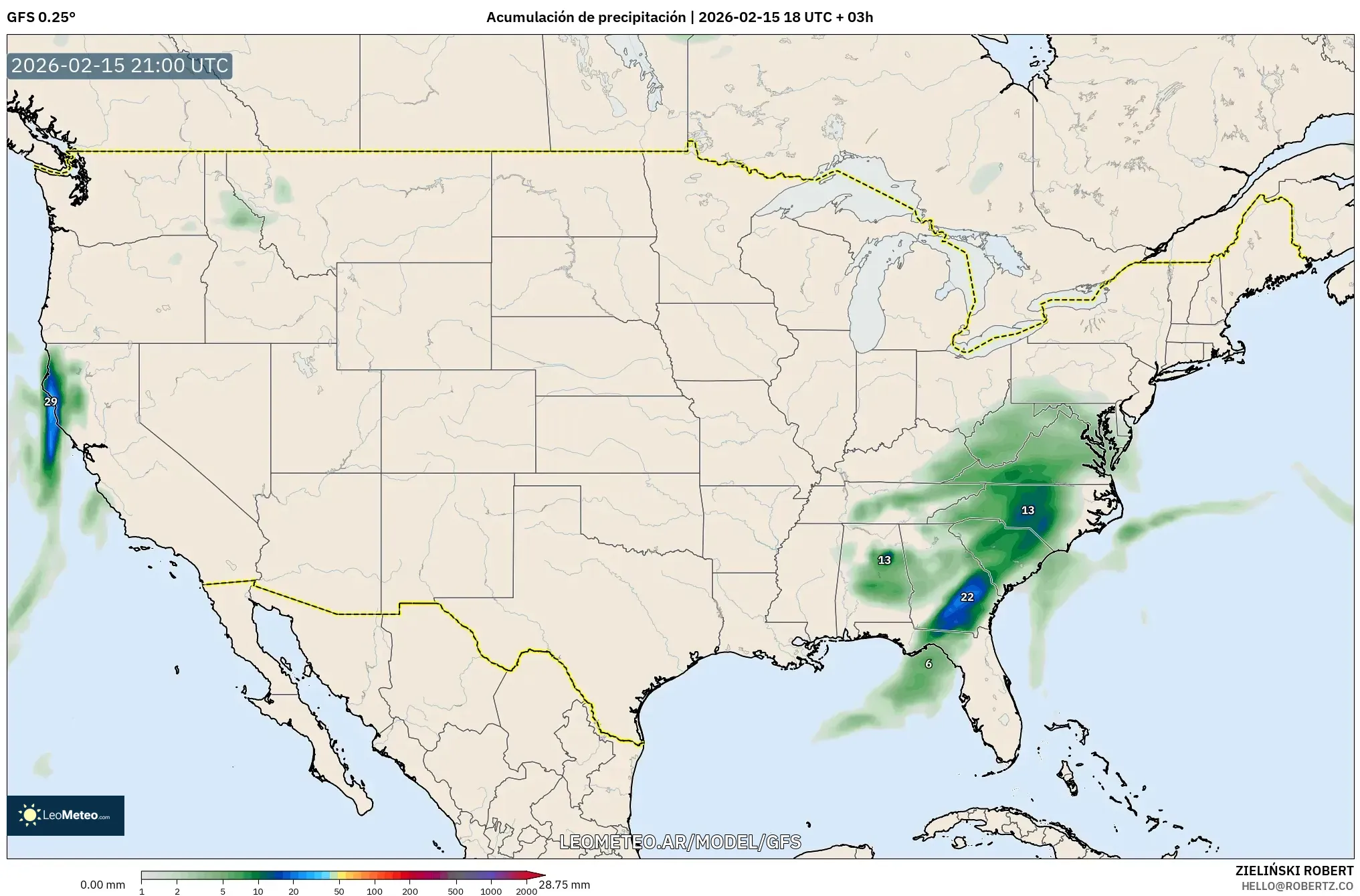 GFS model - Estados Unidos, Acumulación de precipitación