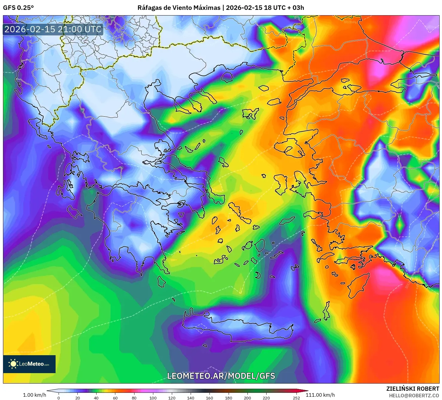 GFS model - Grecia, Ráfagas de Viento Máximas
