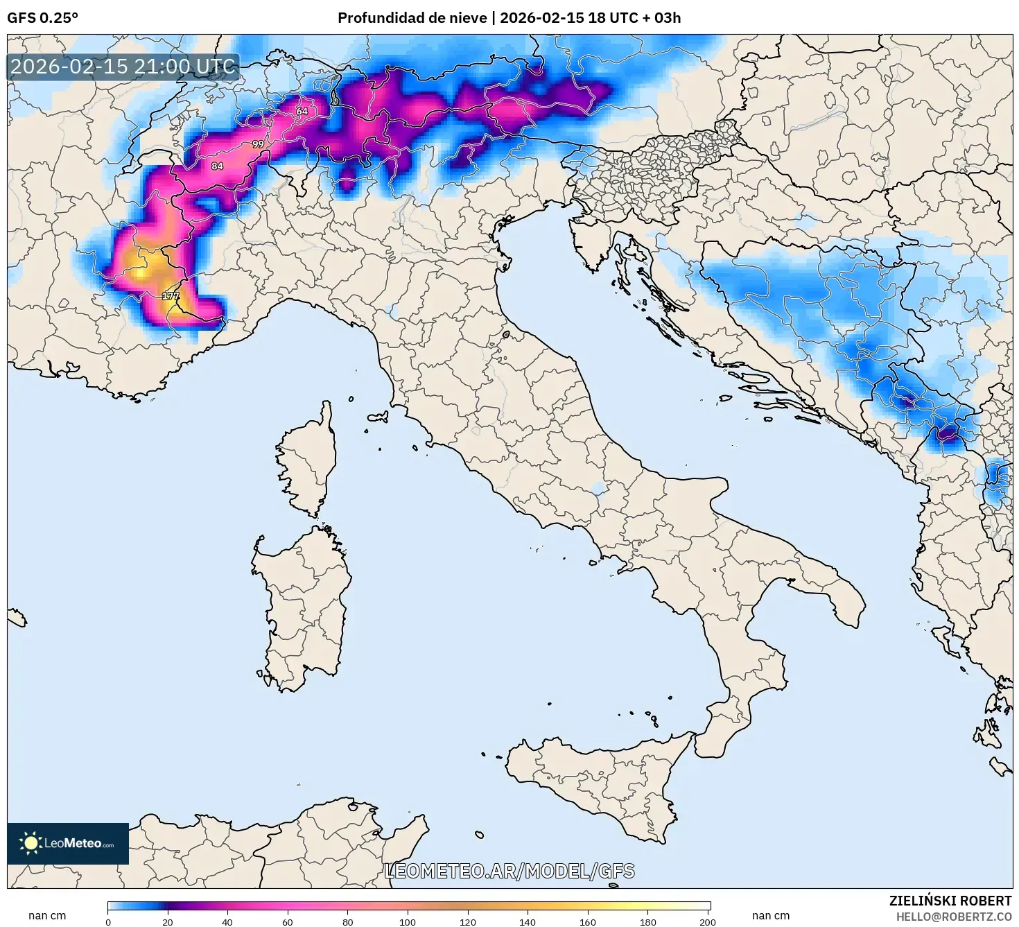 GFS model - Italia, Profundidad de nieve