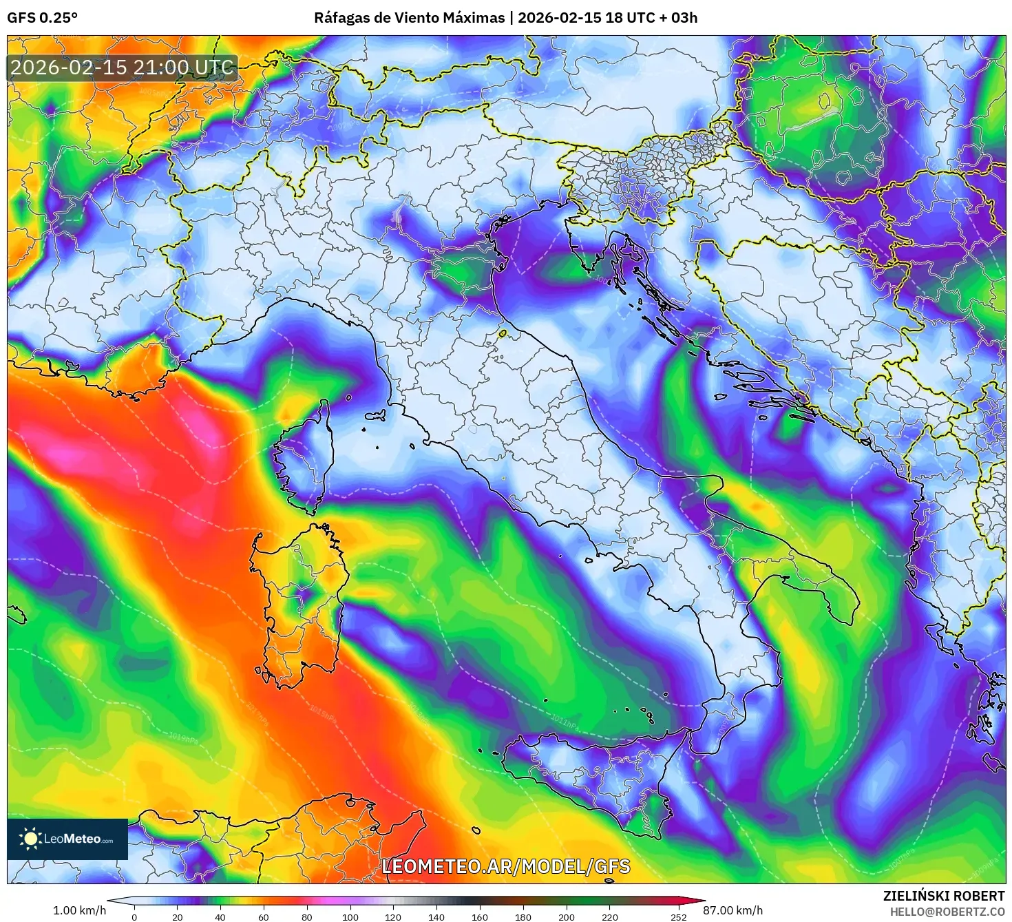 GFS model - Italia, Ráfagas de Viento Máximas