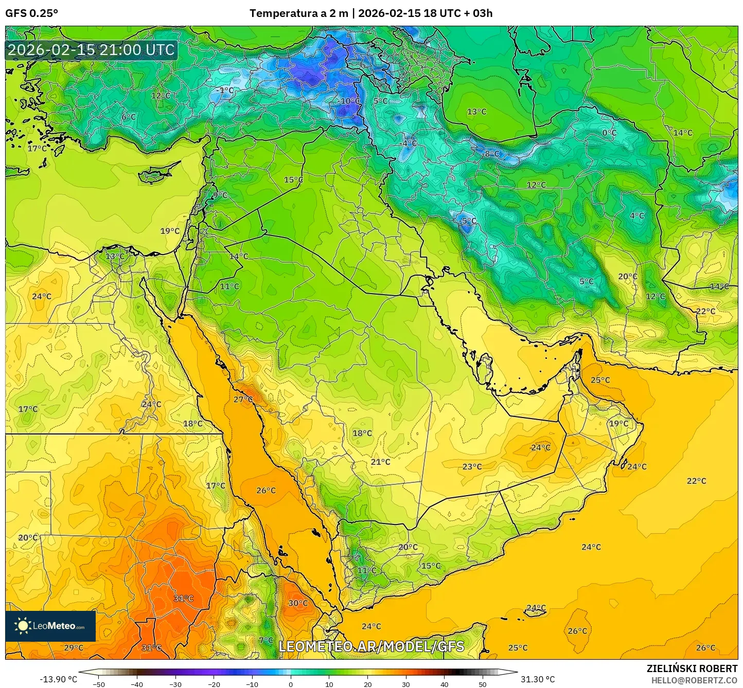 GFS model - Oriente Medio, Temperatura a 2 m