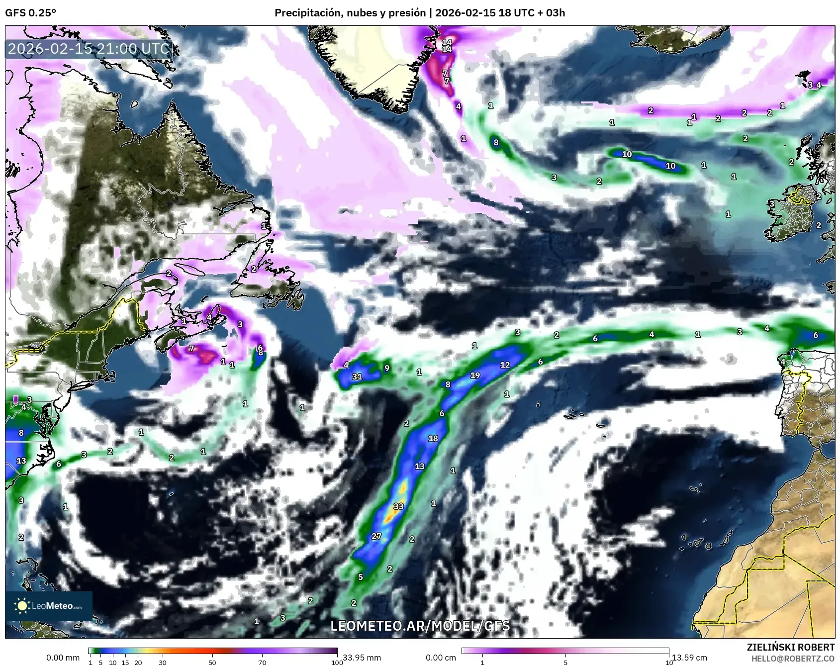 GFS model - Norte Atlántico, Precipitación, nubes y presión