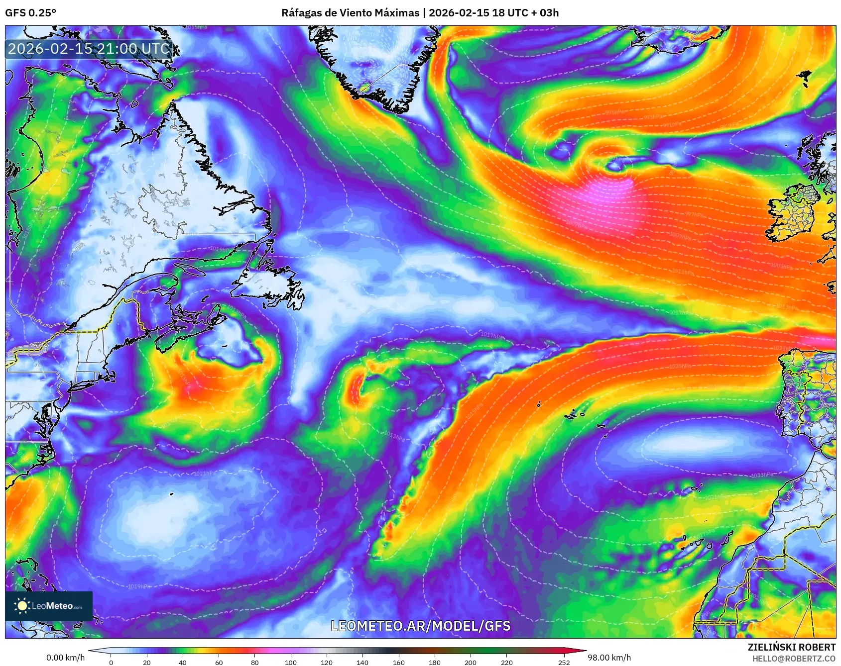 GFS model - Norte Atlántico, Ráfagas de Viento Máximas