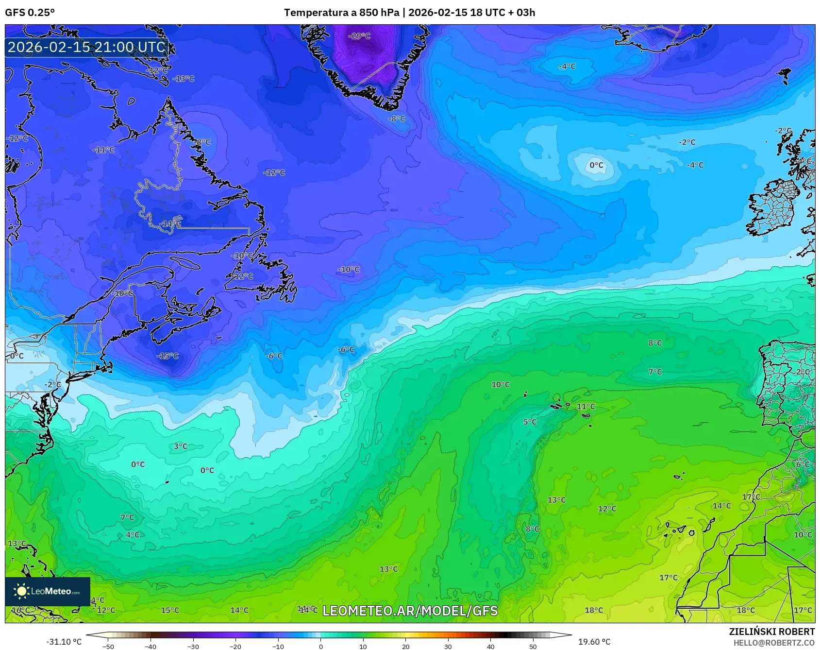 GFS model - Norte Atlántico, Temperatura a 850 hPa