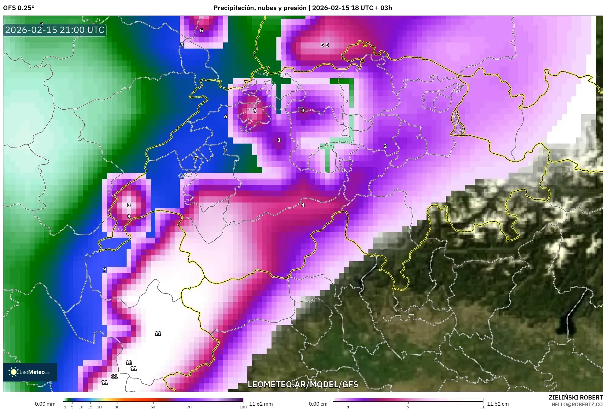 GFS model - Suiza, Precipitación, nubes y presión