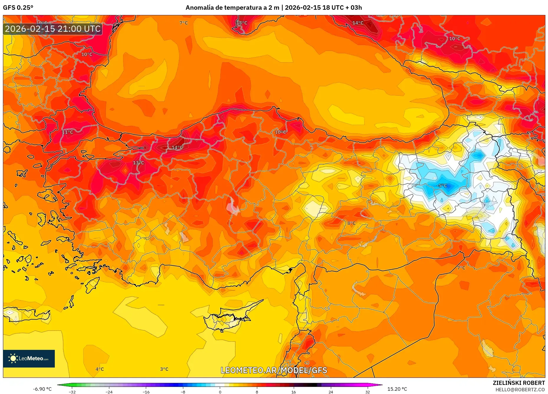 GFS model - Turquía, Anomalía de temperatura a 2 m