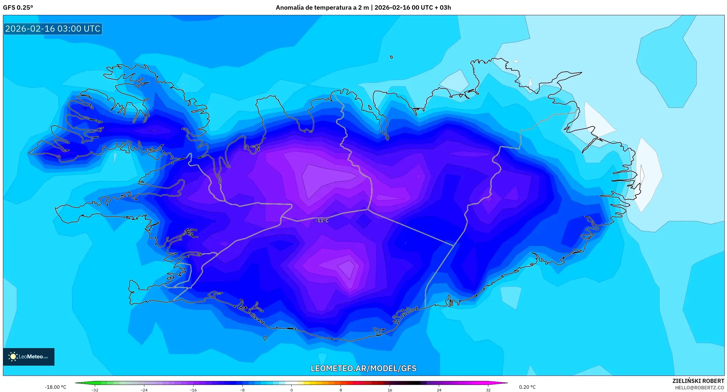GFS model - Islandia, Anomalía de temperatura a 2 m