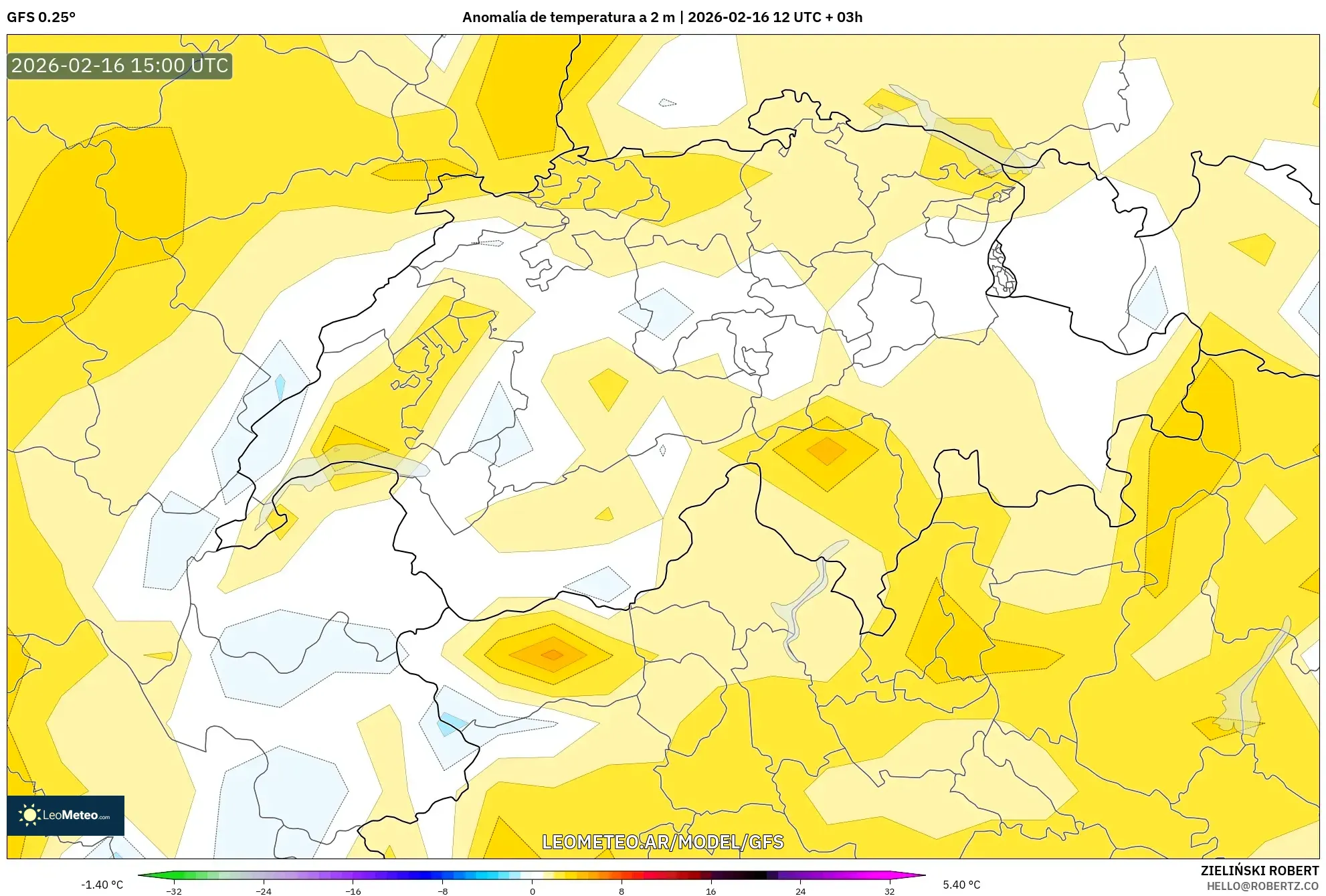 GFS model - Suiza, Anomalía de temperatura a 2 m