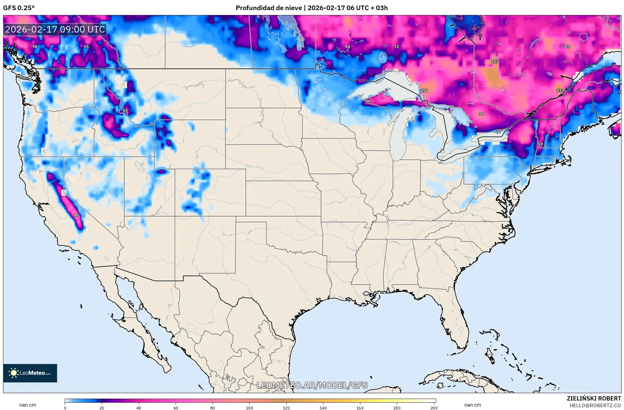 GFS model - Estados Unidos, Profundidad de nieve