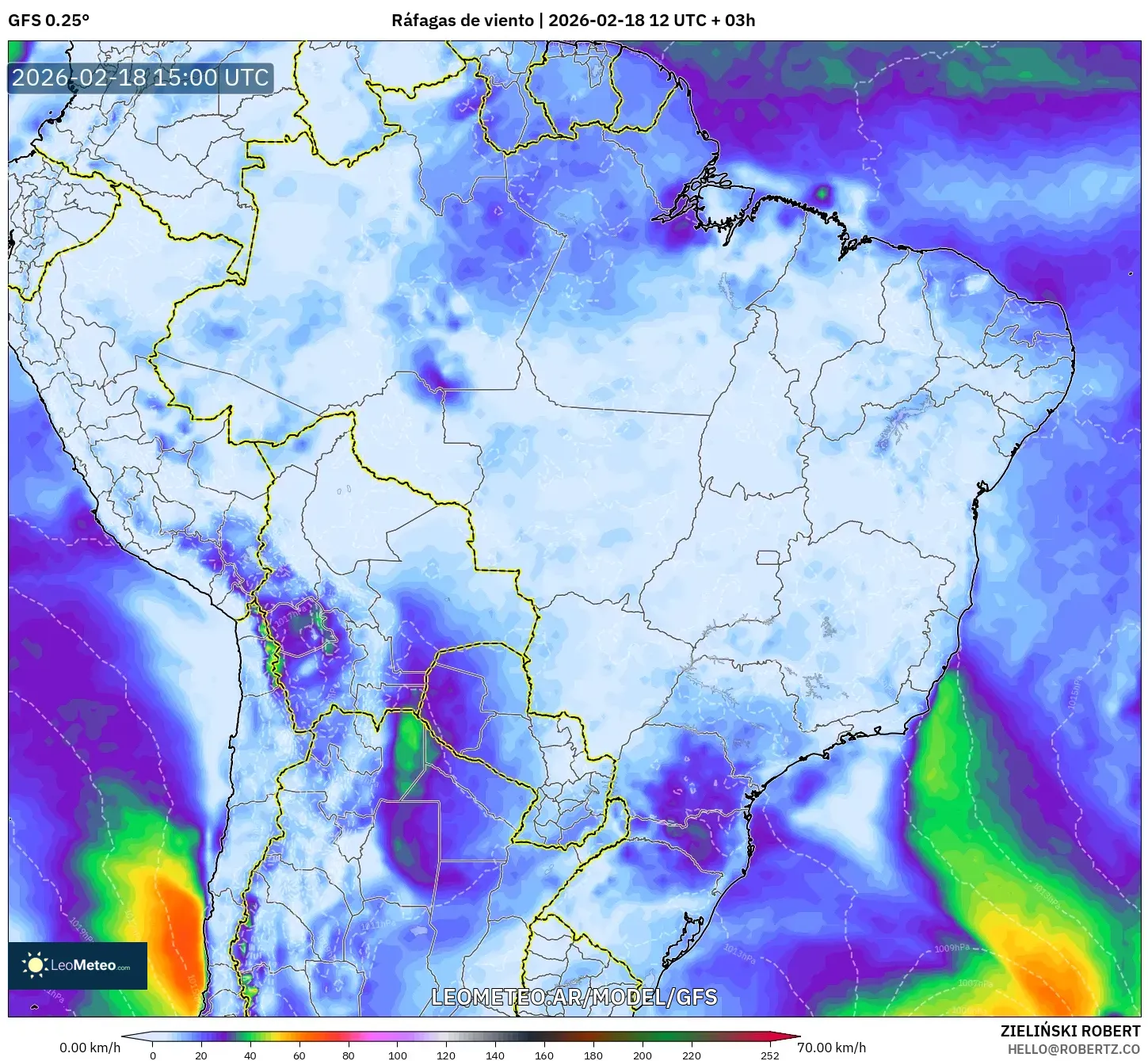 GFS model - Brasil, Ráfagas de viento