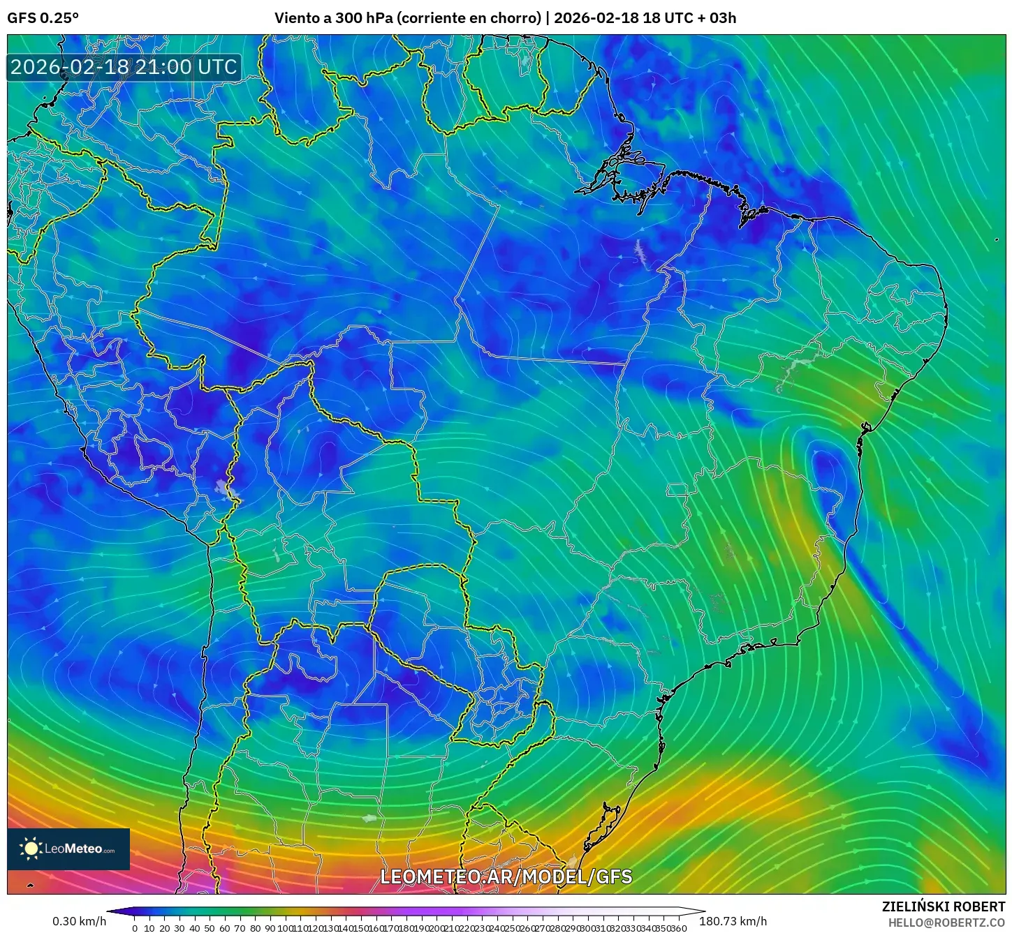 GFS model - Brasil, Viento a 300 hPa (corriente en chorro)