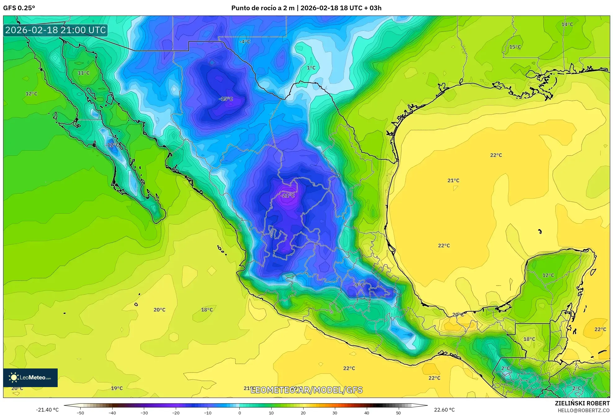 GFS model - México, Punto de rocío a 2 m