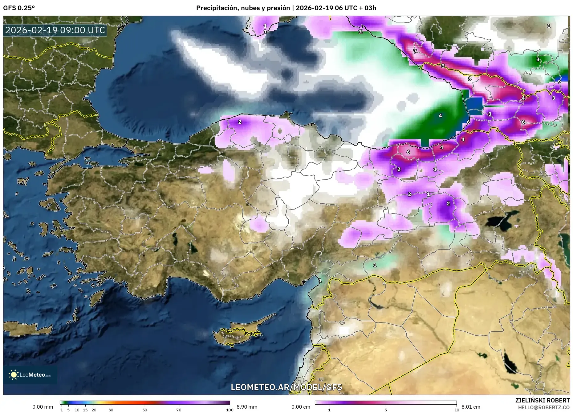 GFS model - Turquía, Precipitación, nubes y presión