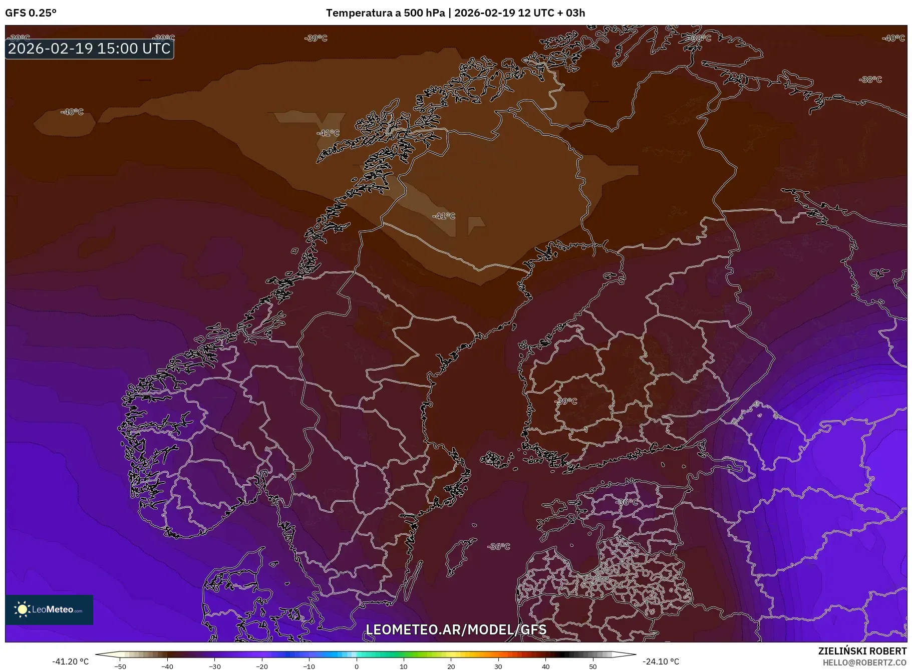 GFS model - Escandinavia, Temperatura a 500 hPa