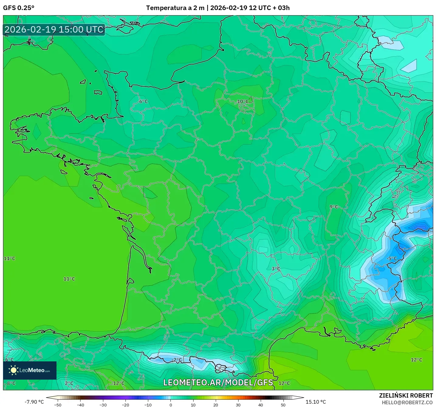 GFS model - Francia, Temperatura a 2 m