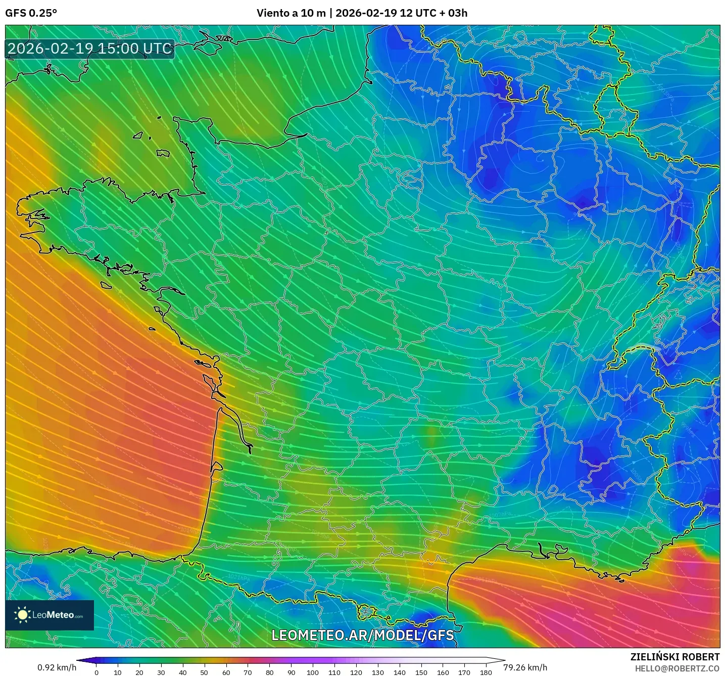 GFS model - Francia, Viento a 10 m