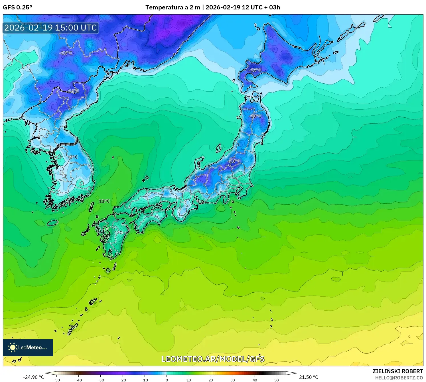 GFS model - Japón, Temperatura a 2 m