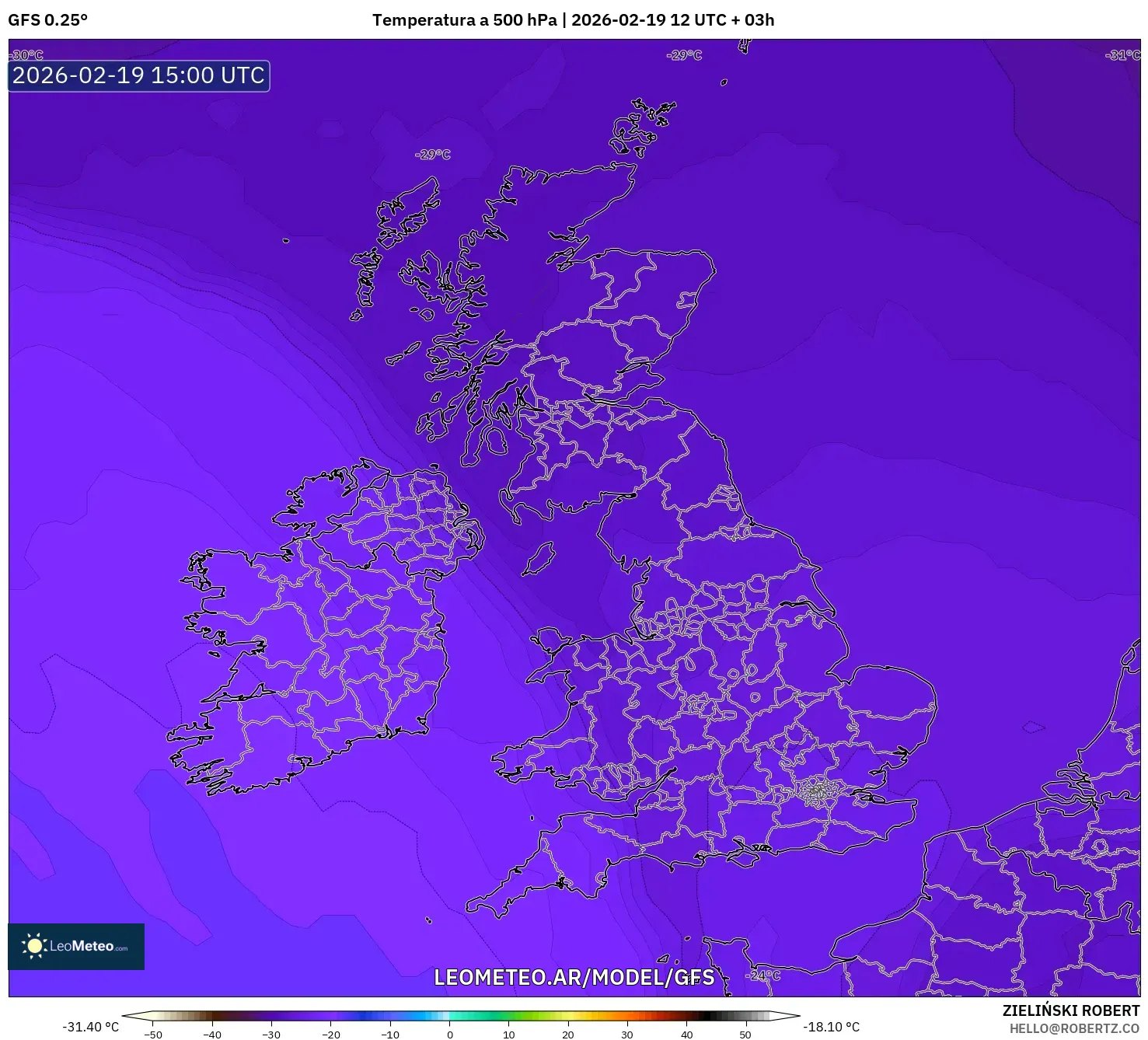 GFS model - Reino Unido, Temperatura a 500 hPa