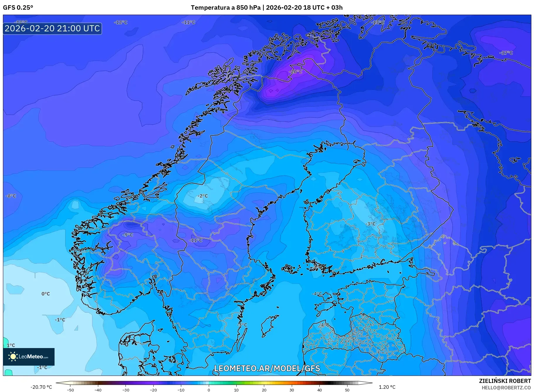 GFS model - Escandinavia, Temperatura a 850 hPa
