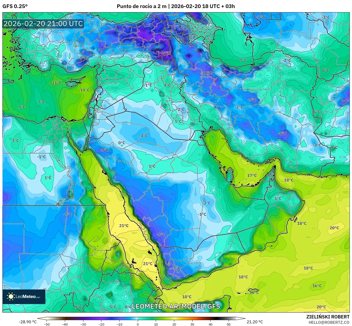 GFS model - Oriente Medio, Punto de rocío a 2 m