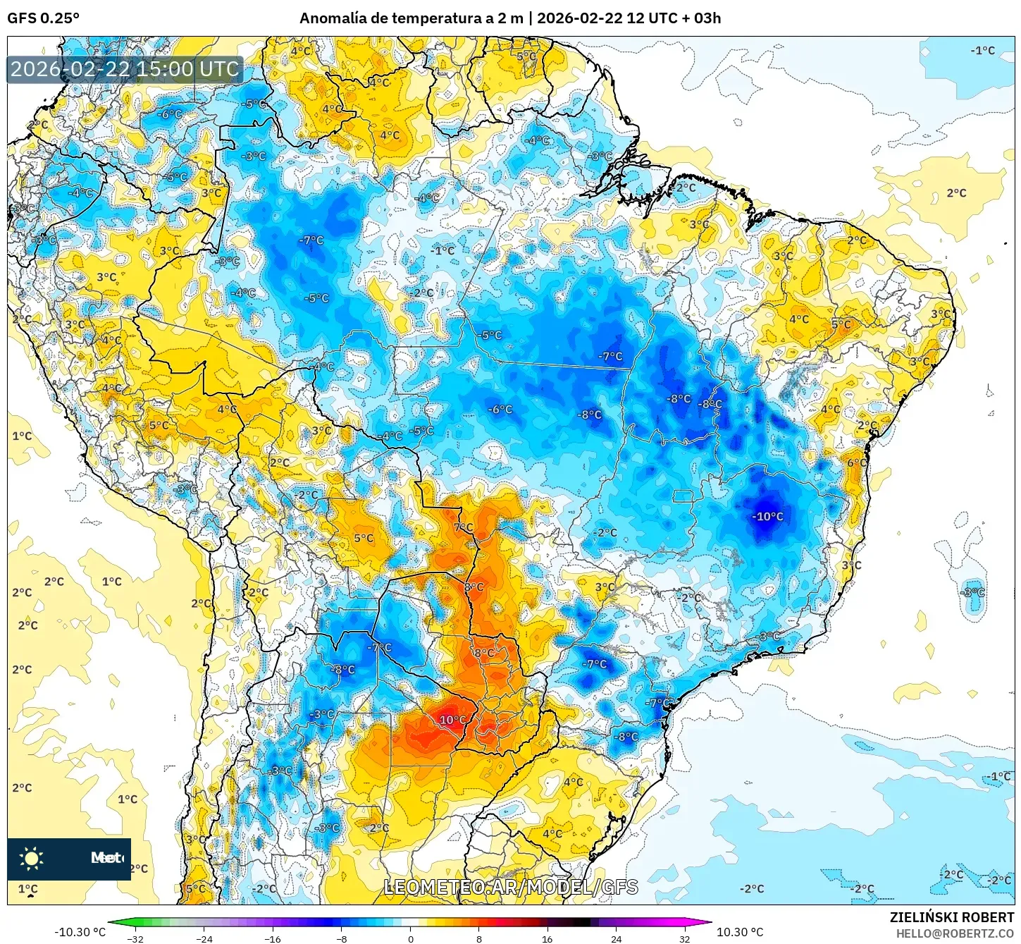 GFS model - Brasil, Anomalía de temperatura a 2 m