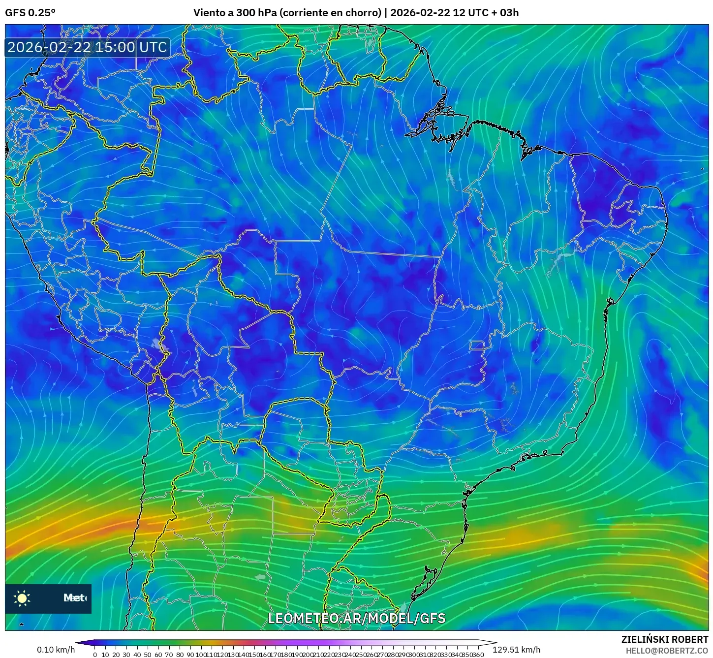 GFS model - Brasil, Viento a 300 hPa (corriente en chorro)