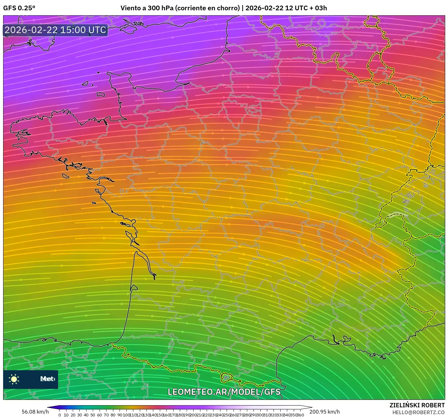 GFS model - Francia, Viento a 300 hPa (corriente en chorro)