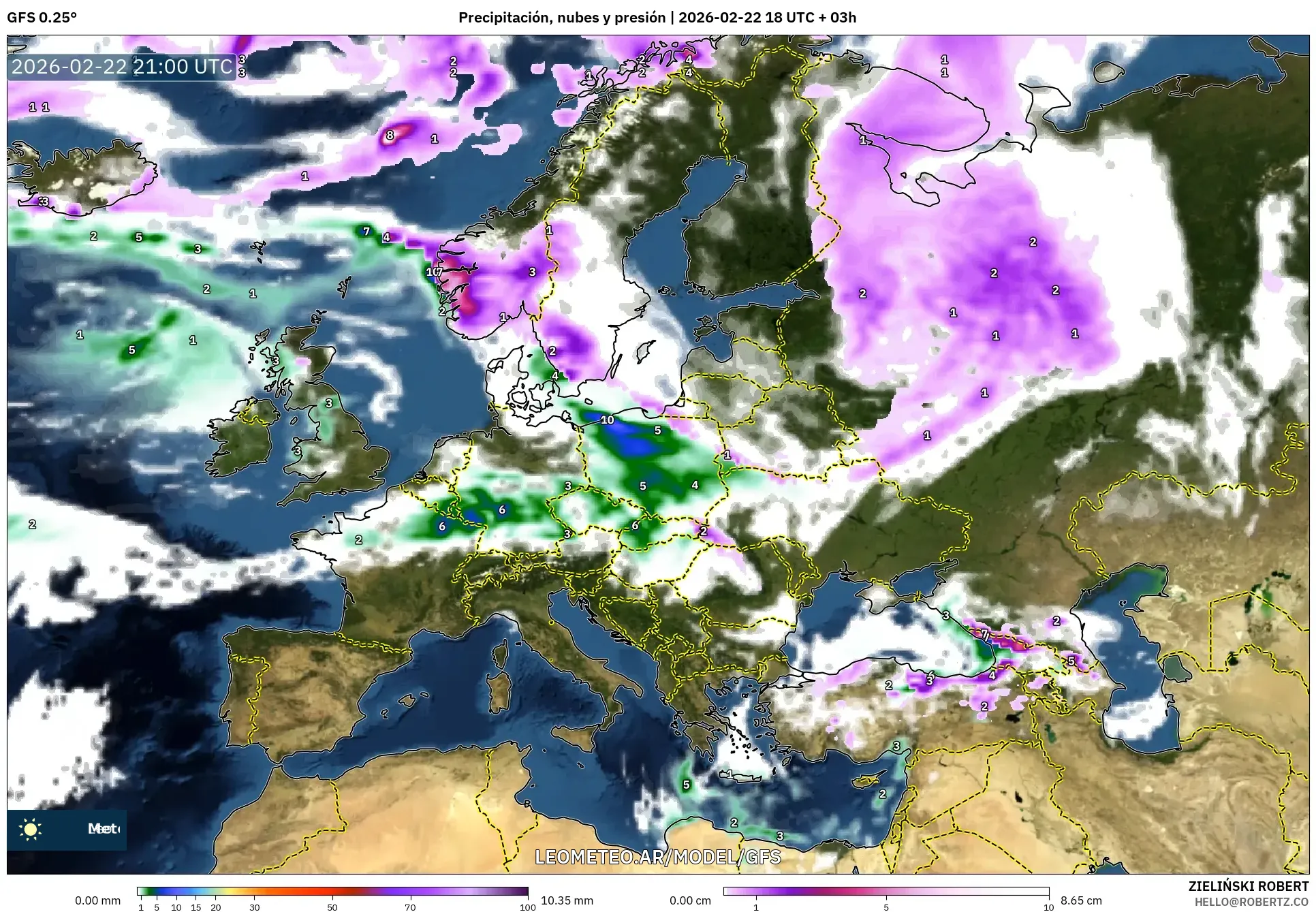 GFS model - Europa, Opady, chmury i ciśnienie