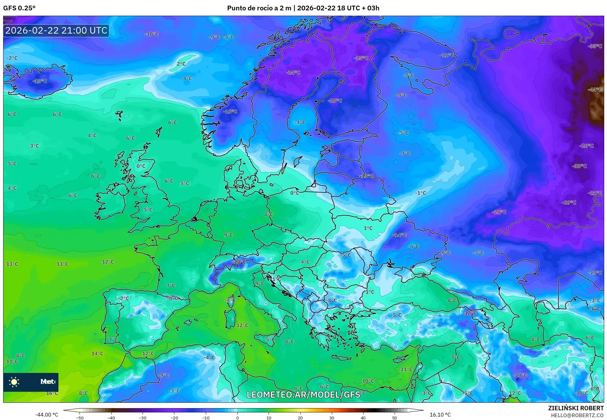 GFS model - Europa, Punto de rocío a 2 m