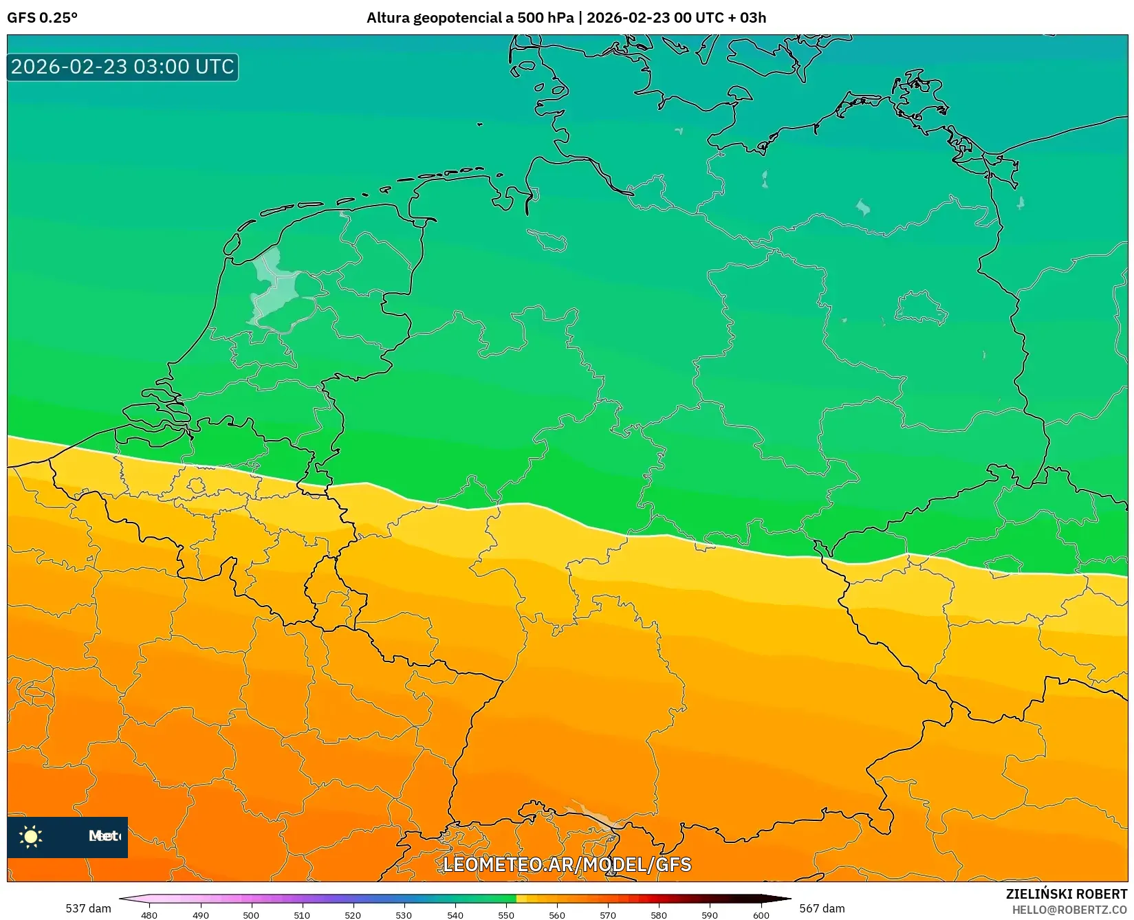 GFS model - Niemcy, Wysokość geopotencjalna na poziomie 500 hPa