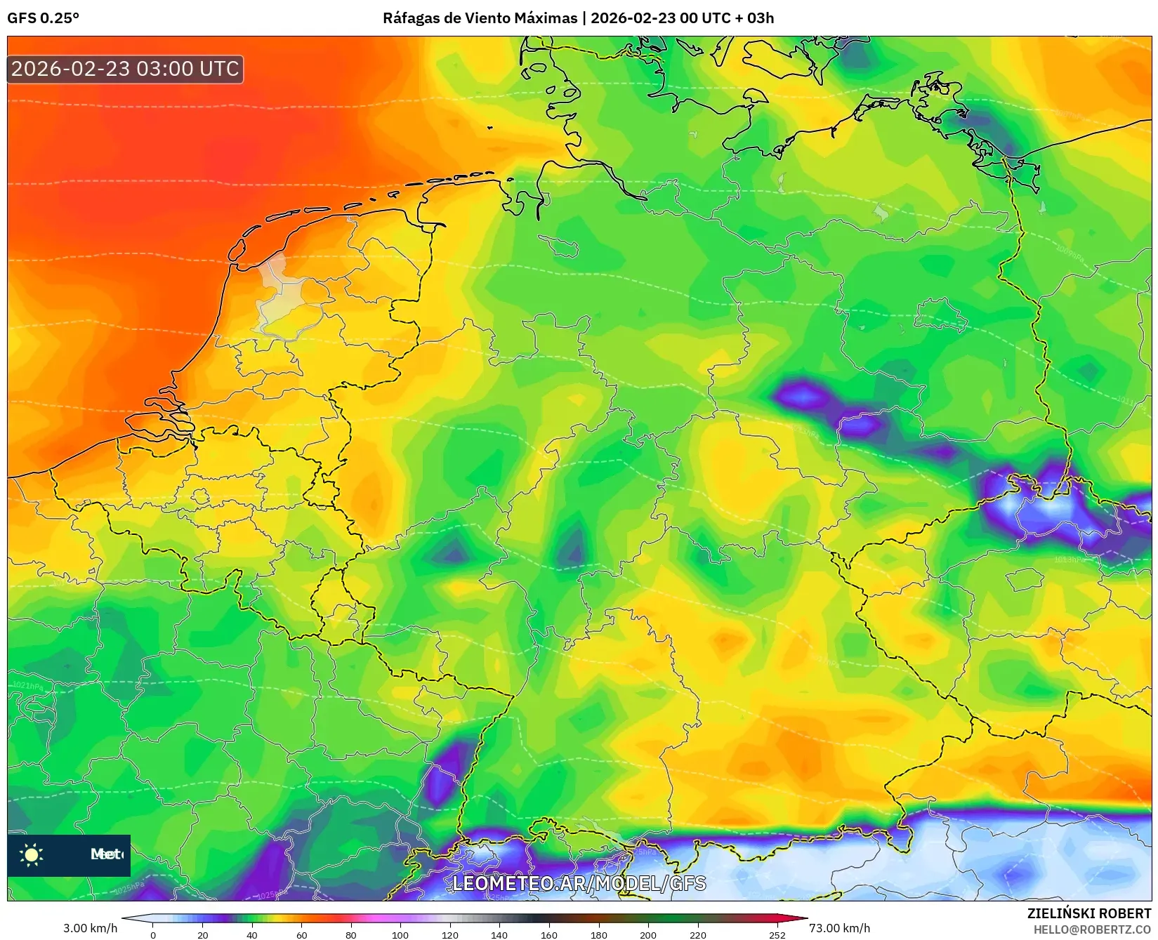 GFS model - Niemcy, Maksymalne Porywy Wiatru