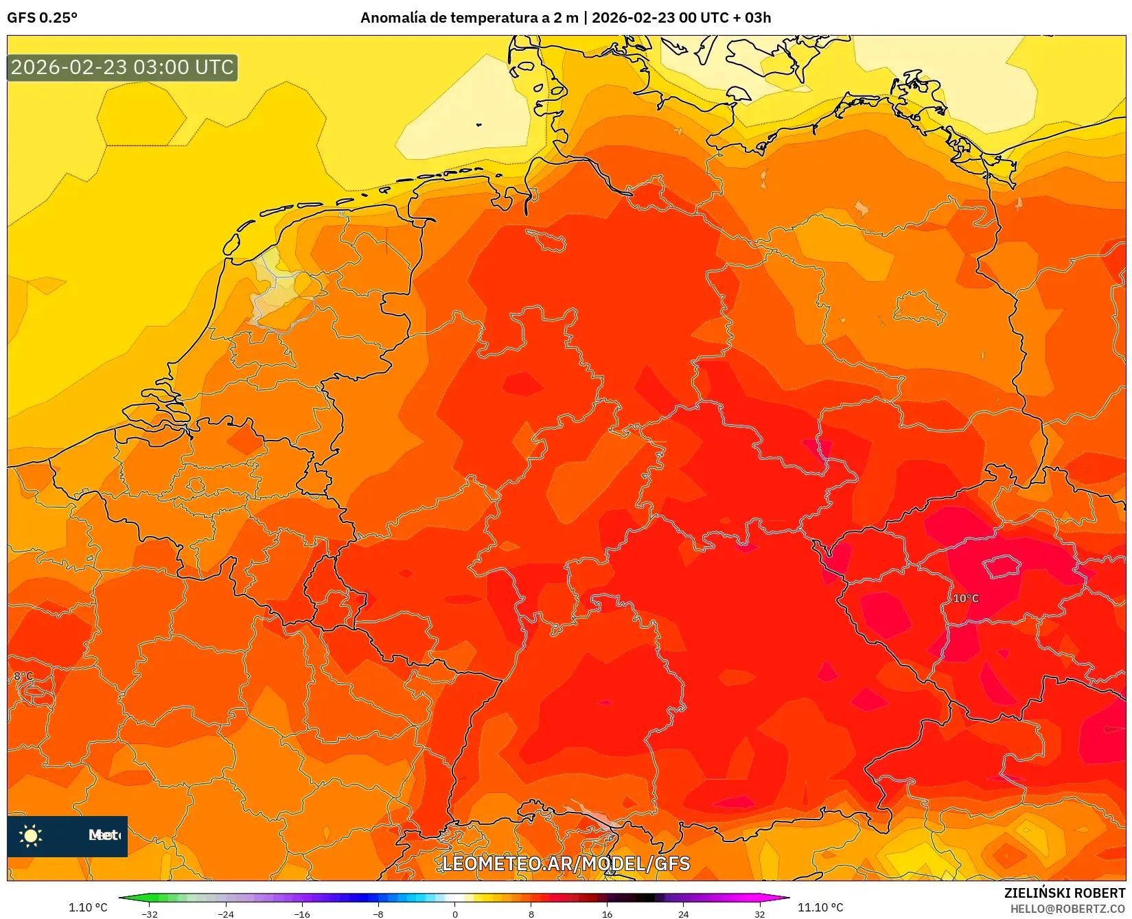 GFS model - Niemcy, Anomalia temperatury na 2 m