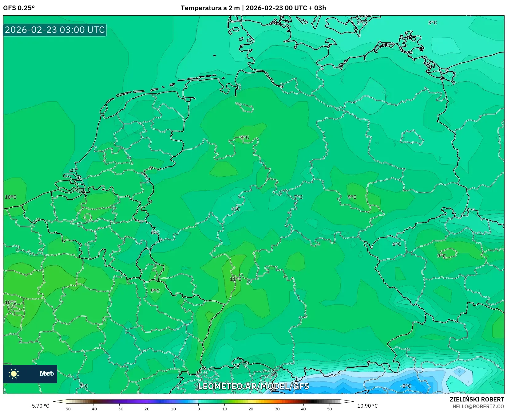 GFS model - Niemcy, Temperatura na 2 m