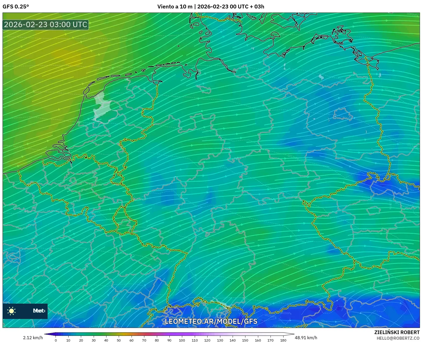 GFS model - Niemcy, Wiatr na 10 m