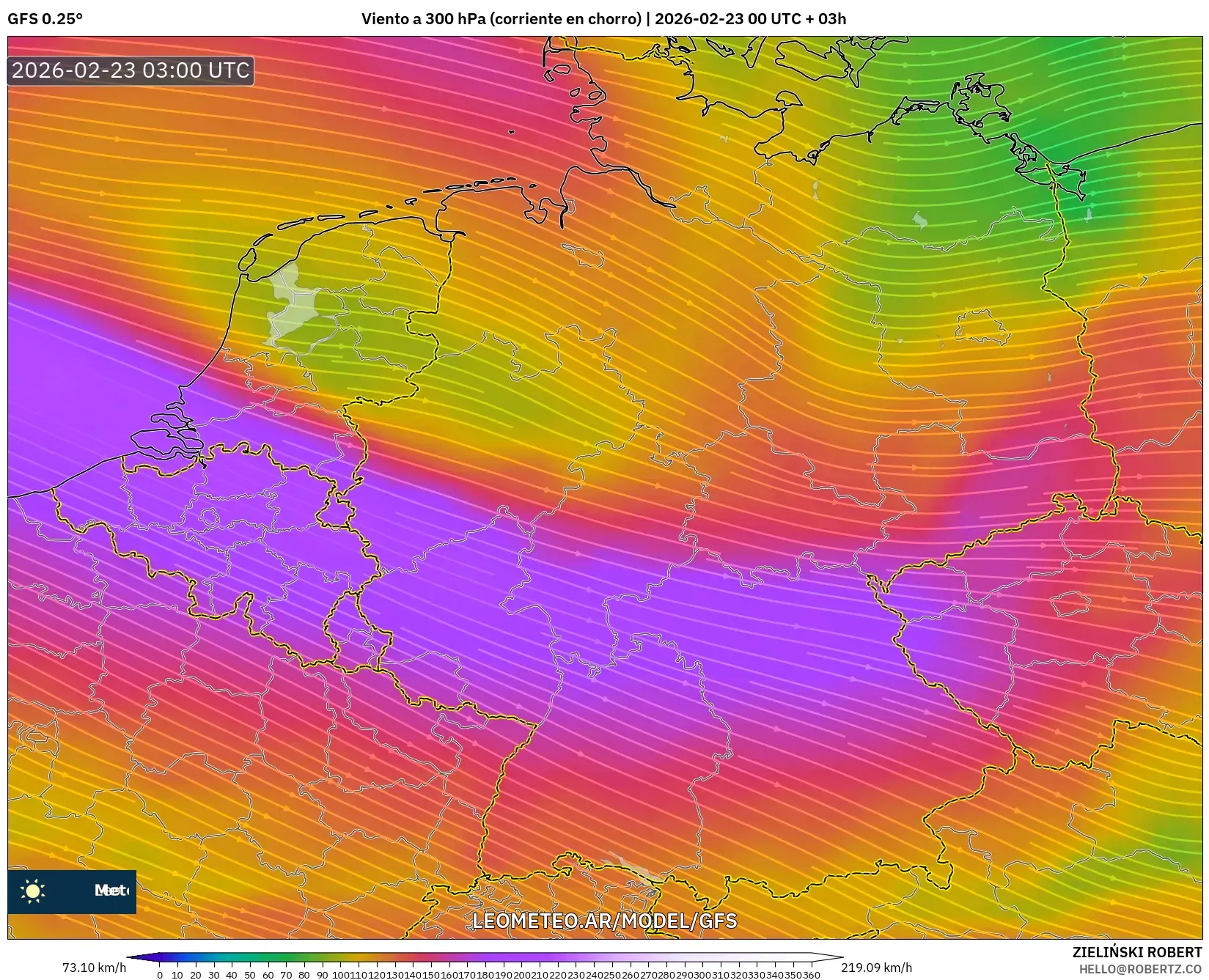 GFS model - Niemcy, Wiatr na 300 hPa (prąd strumieniowy)