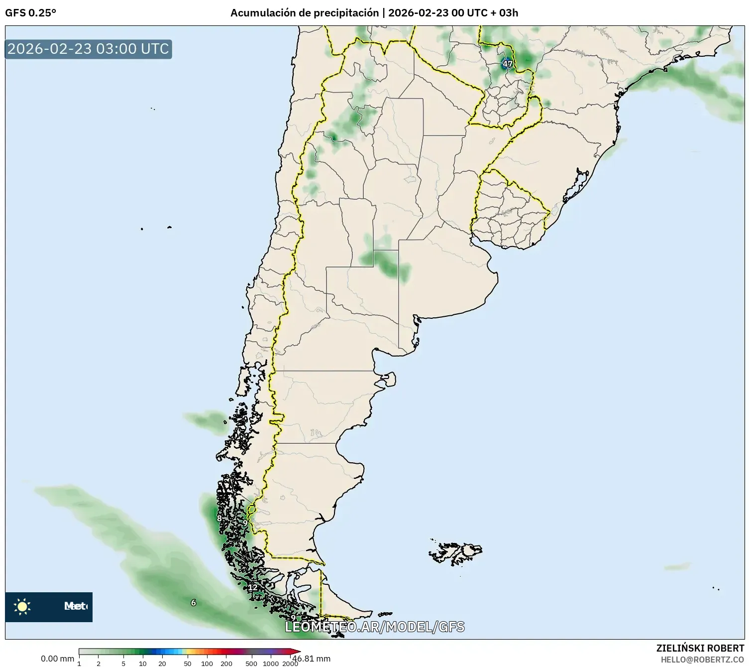 GFS model - Argentyna, Suma opadów