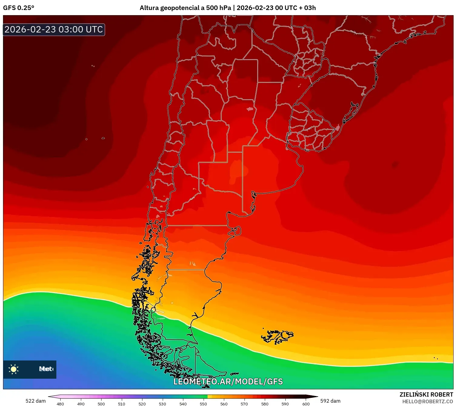 GFS model - Argentyna, Wysokość geopotencjalna na poziomie 500 hPa