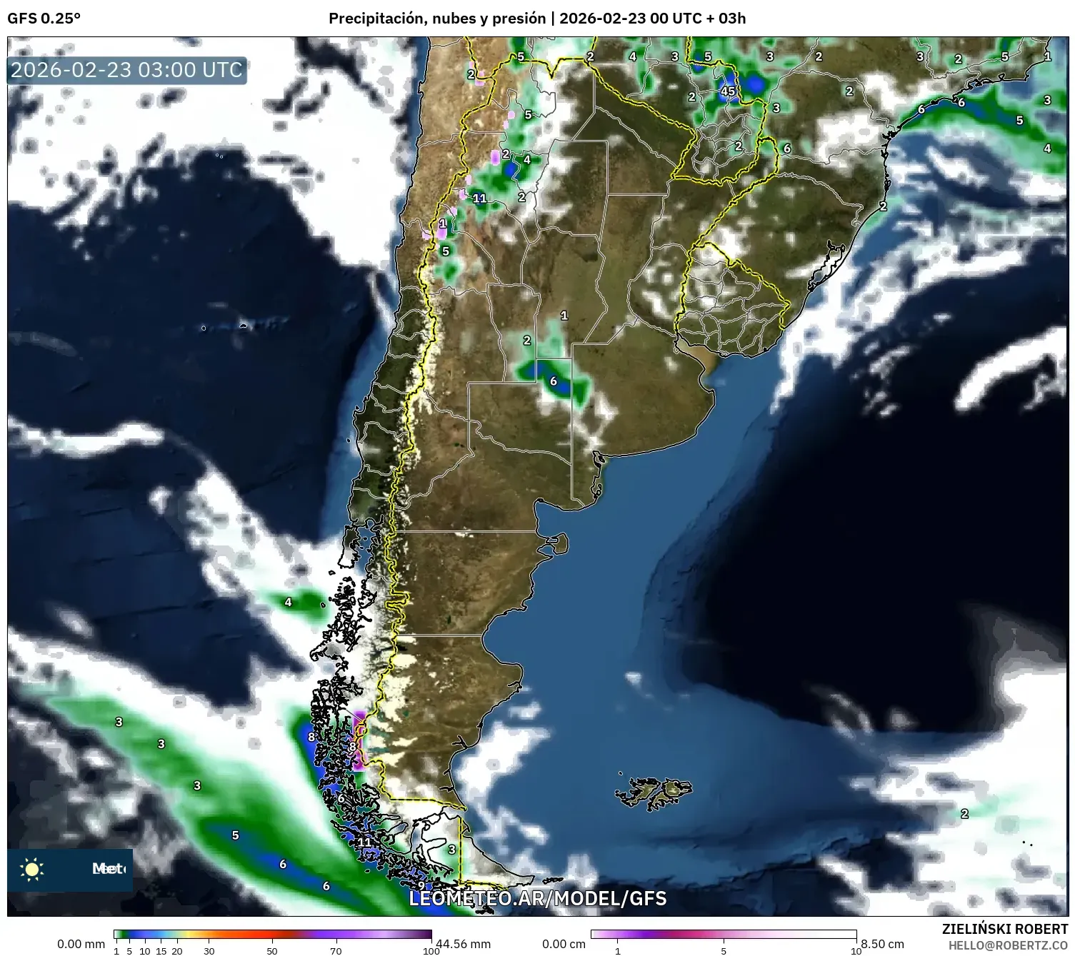 GFS model - Argentyna, Opady, chmury i ciśnienie