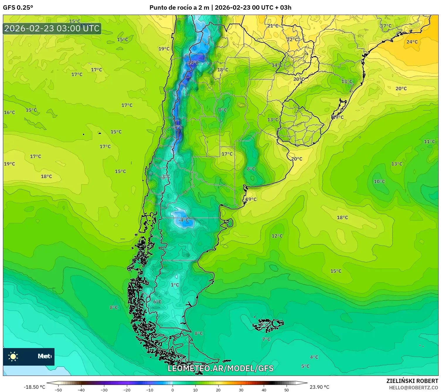 GFS model - Argentyna, Punkt rosy na 2 m