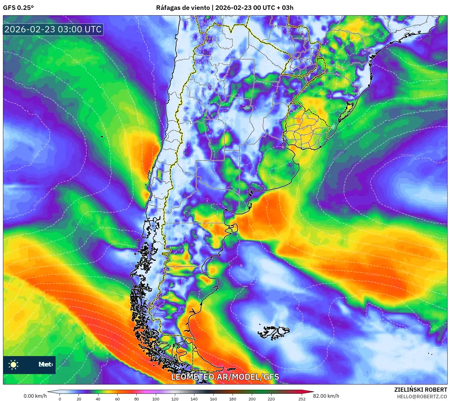 GFS model - Argentyna, Porywy wiatru