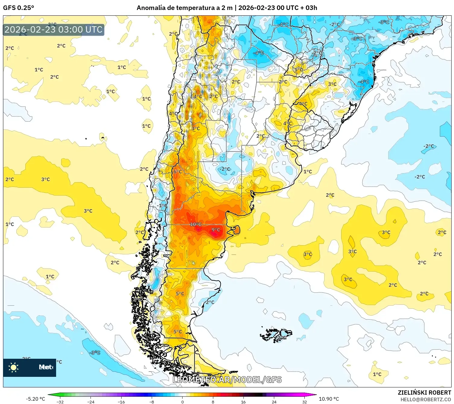 GFS model - Argentyna, Anomalia temperatury na 2 m