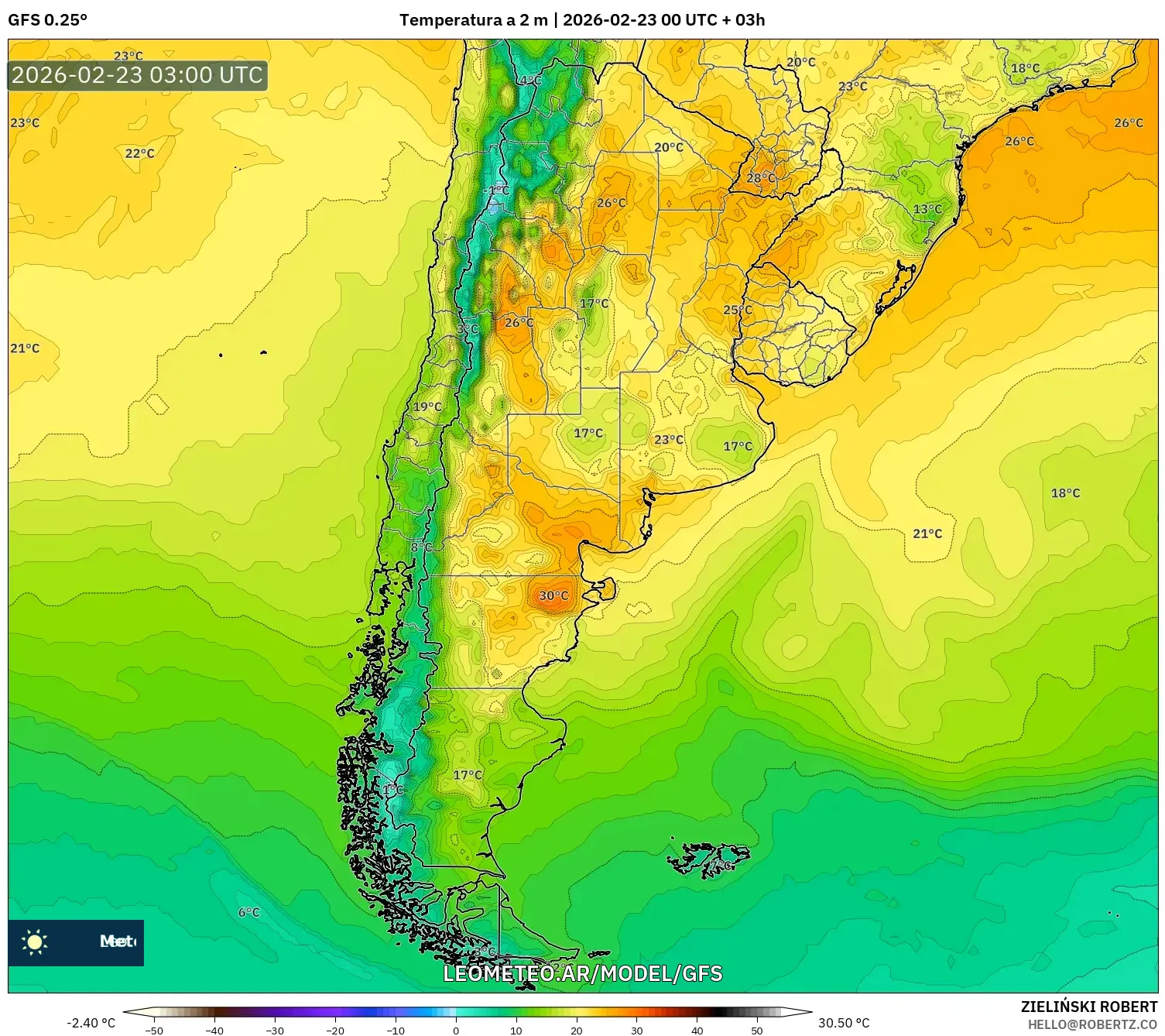 GFS model - Argentyna, Temperatura na 2 m